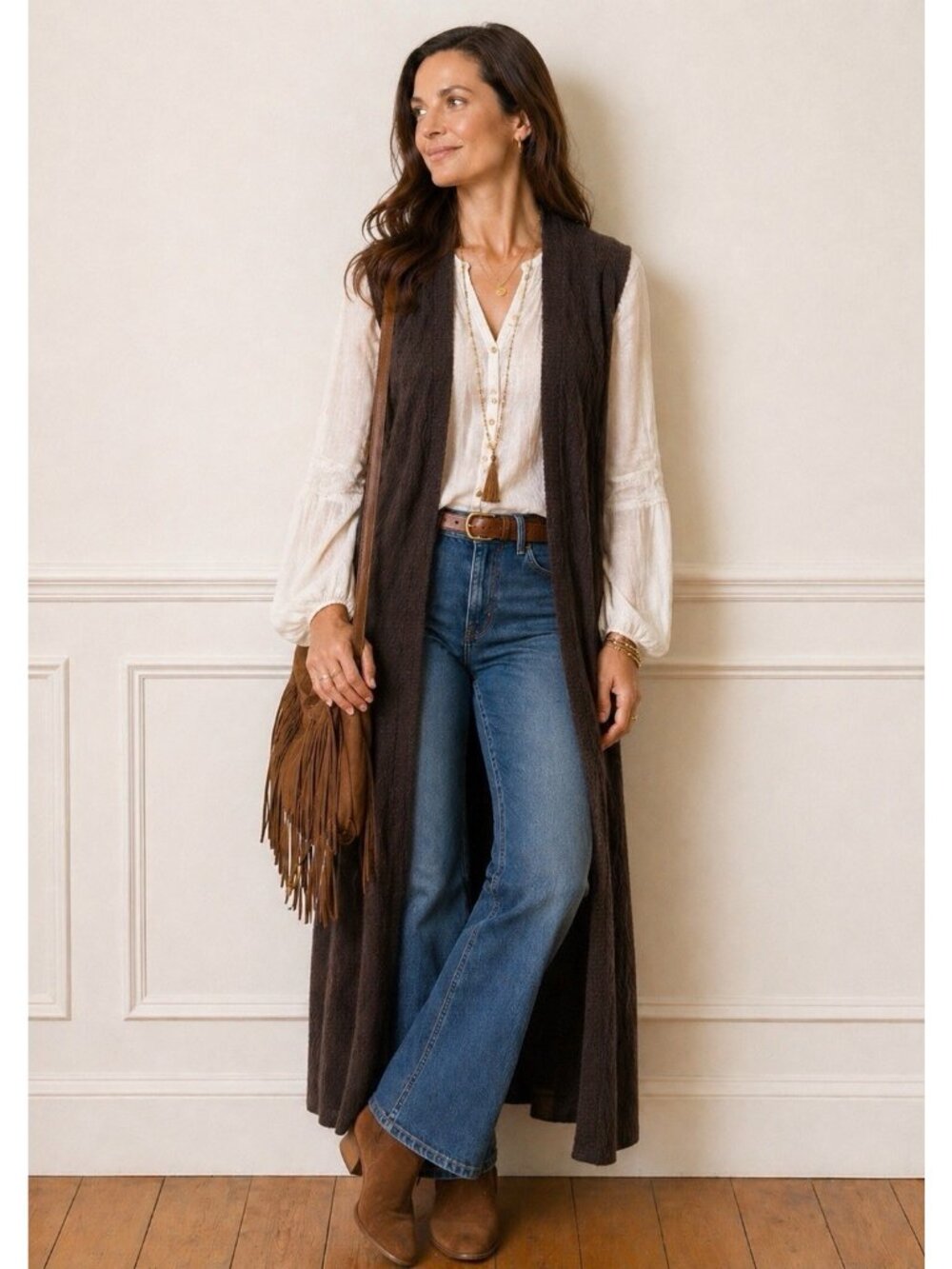 Ainsley Womens Cashmere Duster Vest Sz Medium Brown Boho Minimalist Quiet Luxury
